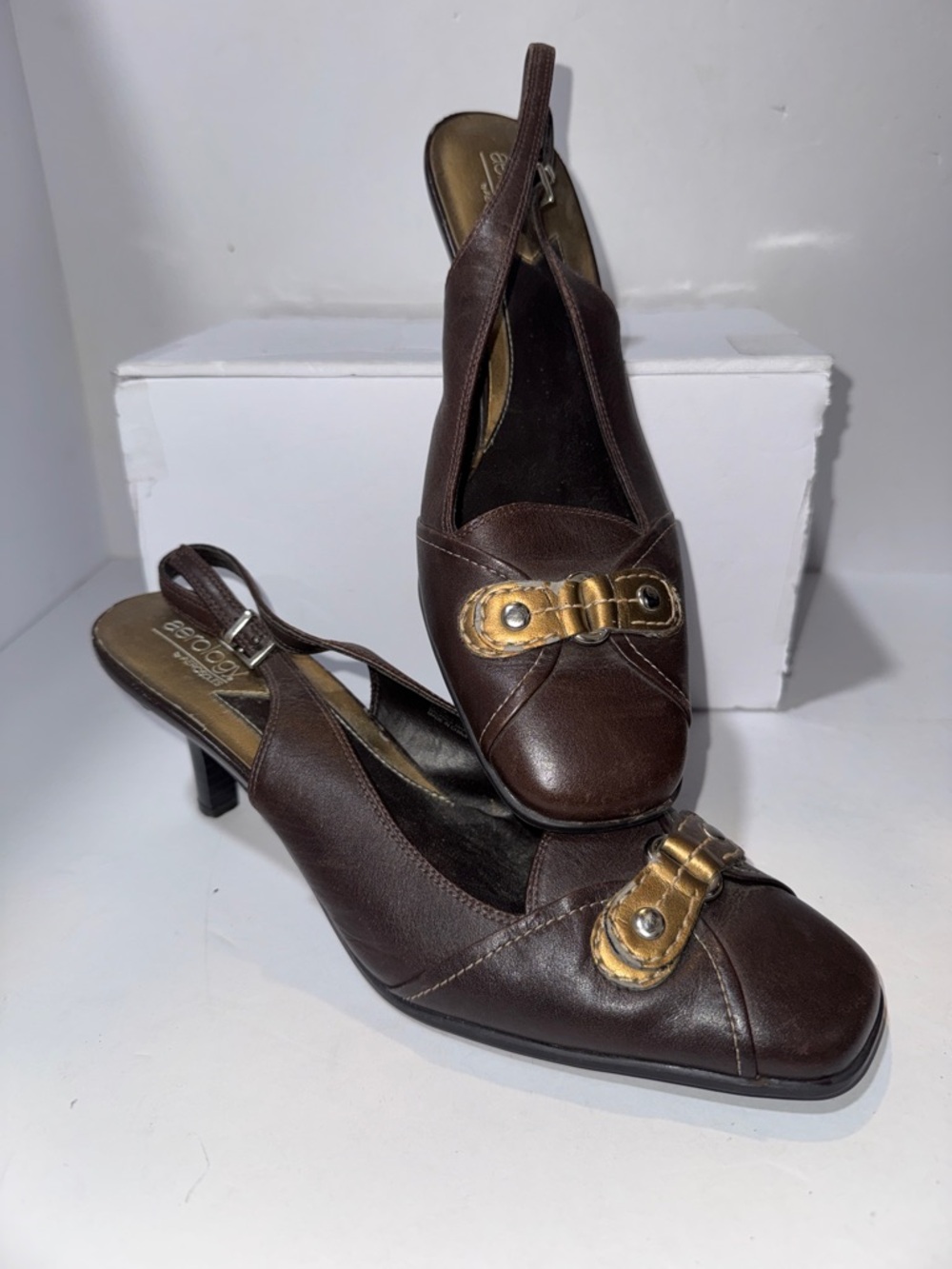 Aerology by Aerosoles Brown Leather Slingback Heels Buckle Size 7 1/2